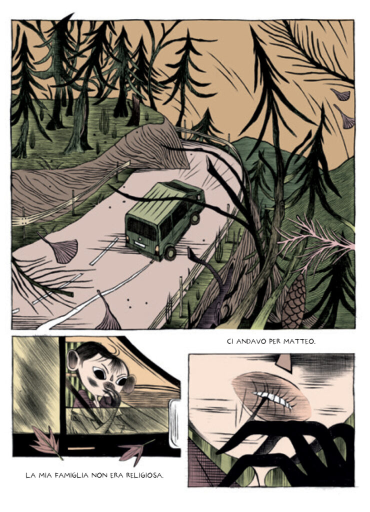 Tavola della graphic novel L'estate fantasma, raffigurante un autobus che attraversa una strada di montagna circondata da alberi, con il giovane protagonista Carlo che guarda fuori dal finestrino.